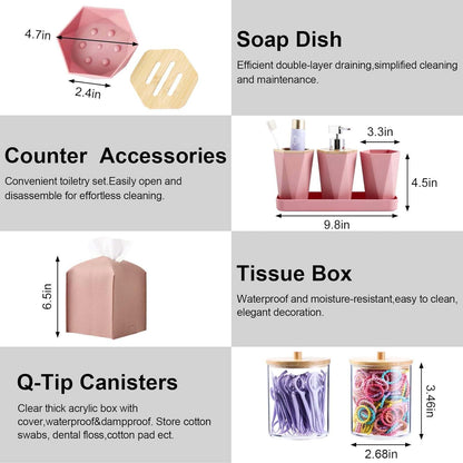 Pink Bathroom Accessories Set, 10 Pieces Bamboo Bathroom Set with Trash Can, Tray, Soap Dispenser, Soap Dish, Toothbrush Holder, Toothbrush Cup, Tissue Holder, Toilet Brush and Qtip Holders
