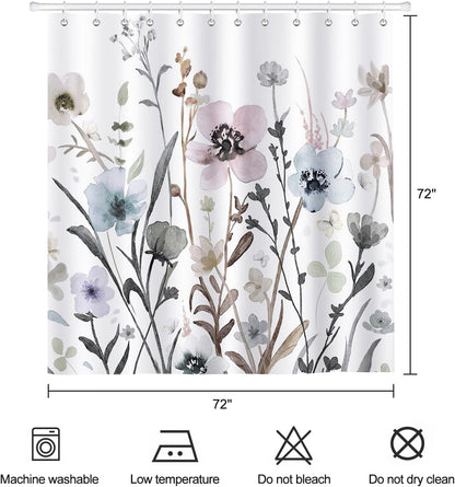 Grey Pink Blue Floral Shower Curtain Watercolor Flower Shower Curtains for Bathroom Waterproof Polyester Fabric Bathroom Curtain 72 x 72 Inch with 12 Plastic Hook
