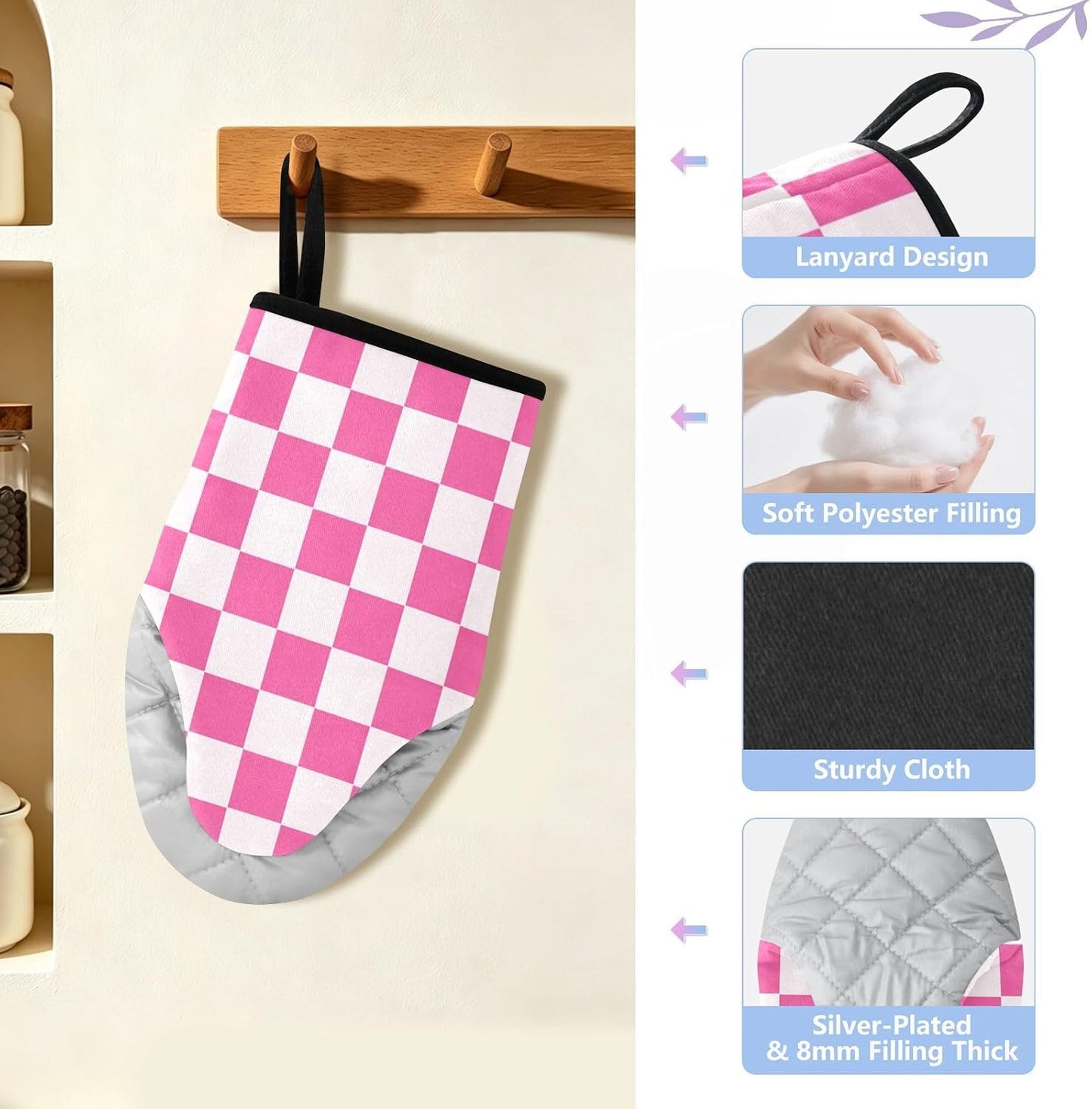 Oven Mitt 2 Pack Set White and Pink Checkered Plaid Kitchen Mitts Gloves for for Cooking Baking Grilling
