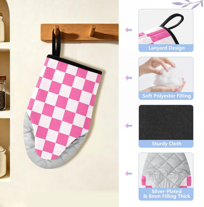 Oven Mitt 2 Pack Set White and Pink Checkered Plaid Kitchen Mitts Gloves for for Cooking Baking Grilling
