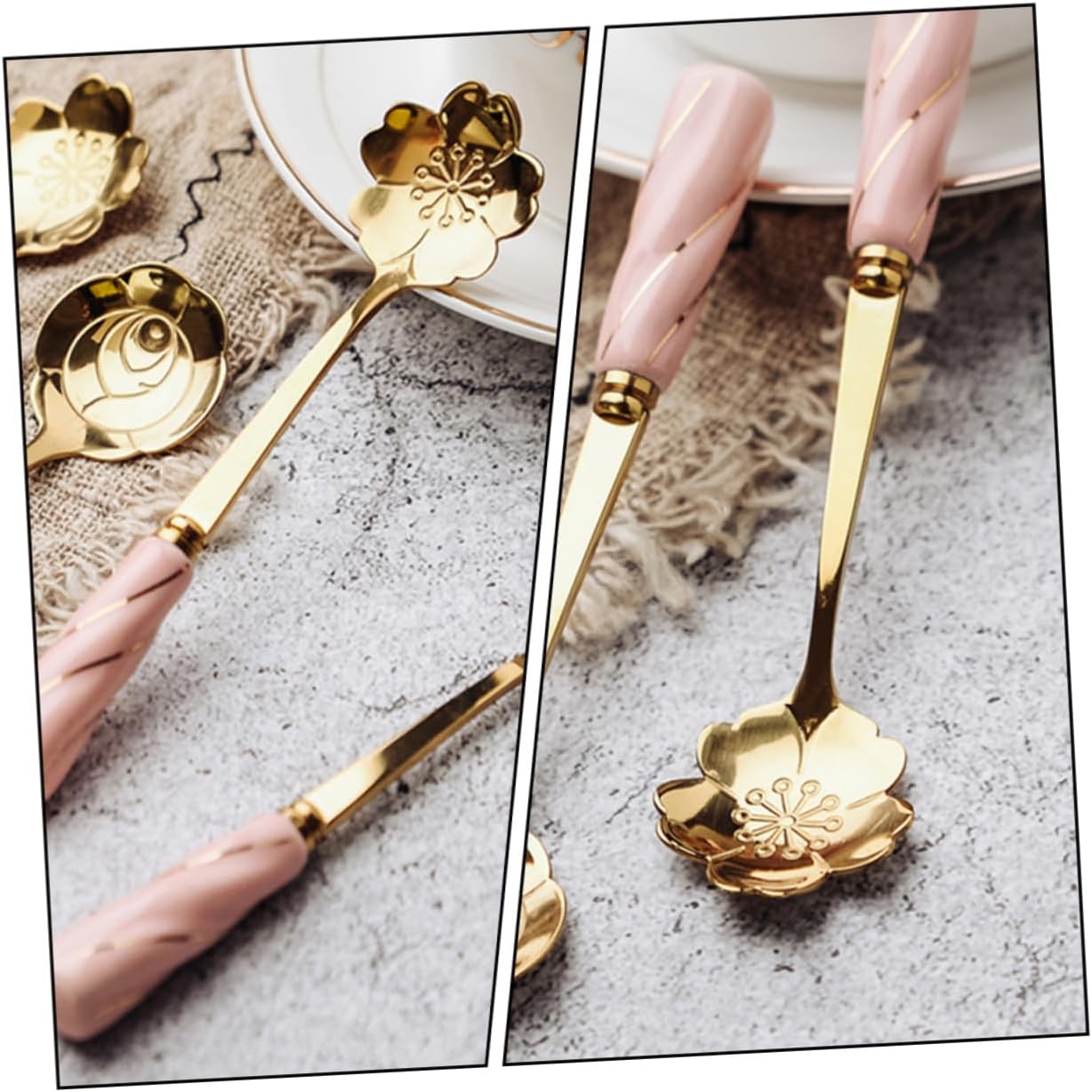 Mobestech 4pcs Dessert Spoons with Elegant Flower Ceramic Handles Creative Mixing and Cake Serving Utensils Stylish Pink Gold Design Practical for Coffee Tea and Beverages