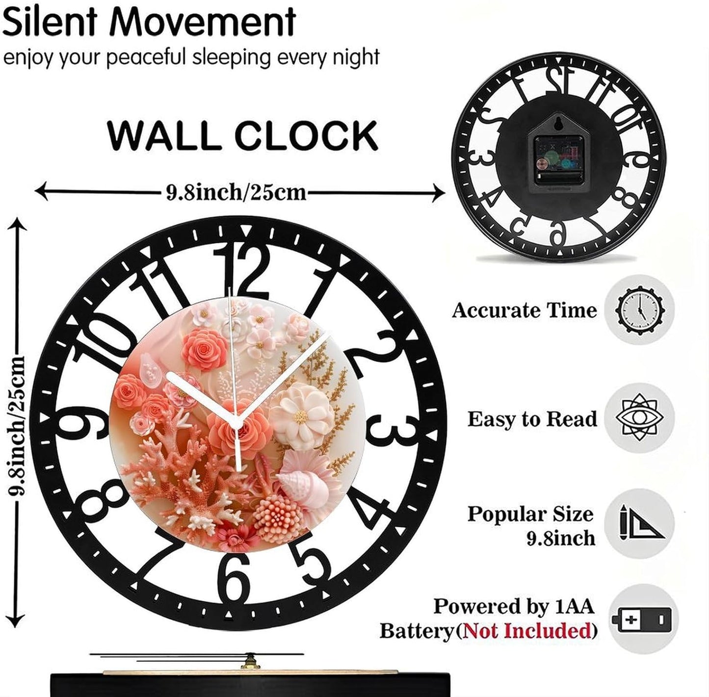 Metal Wall Clock for Living Room -10" Pink Coral Rose Seashell Arrangement Silent Non Ticking,Battery Operated, Antique Wood Clocks for Farmhouse,Dining Room,Bedroom,Kitchen Clock Wall Decor- Arabic N