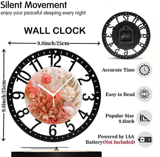 Metal Wall Clock for Living Room -10" Pink Coral Rose Seashell Arrangement Silent Non Ticking,Battery Operated, Antique Wood Clocks for Farmhouse,Dining Room,Bedroom,Kitchen Clock Wall Decor- Arabic N
