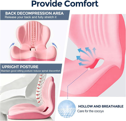 Seat Cushion for Office Chair and Car, L-Shaped Ergonomic Seat Cushions,Memory Foam Orthopedic Cushion with Coccyx Hollow,Lumbar Support & Tailbone Pain Relief for Car, Truck, Home,Gaming Chair,Pink