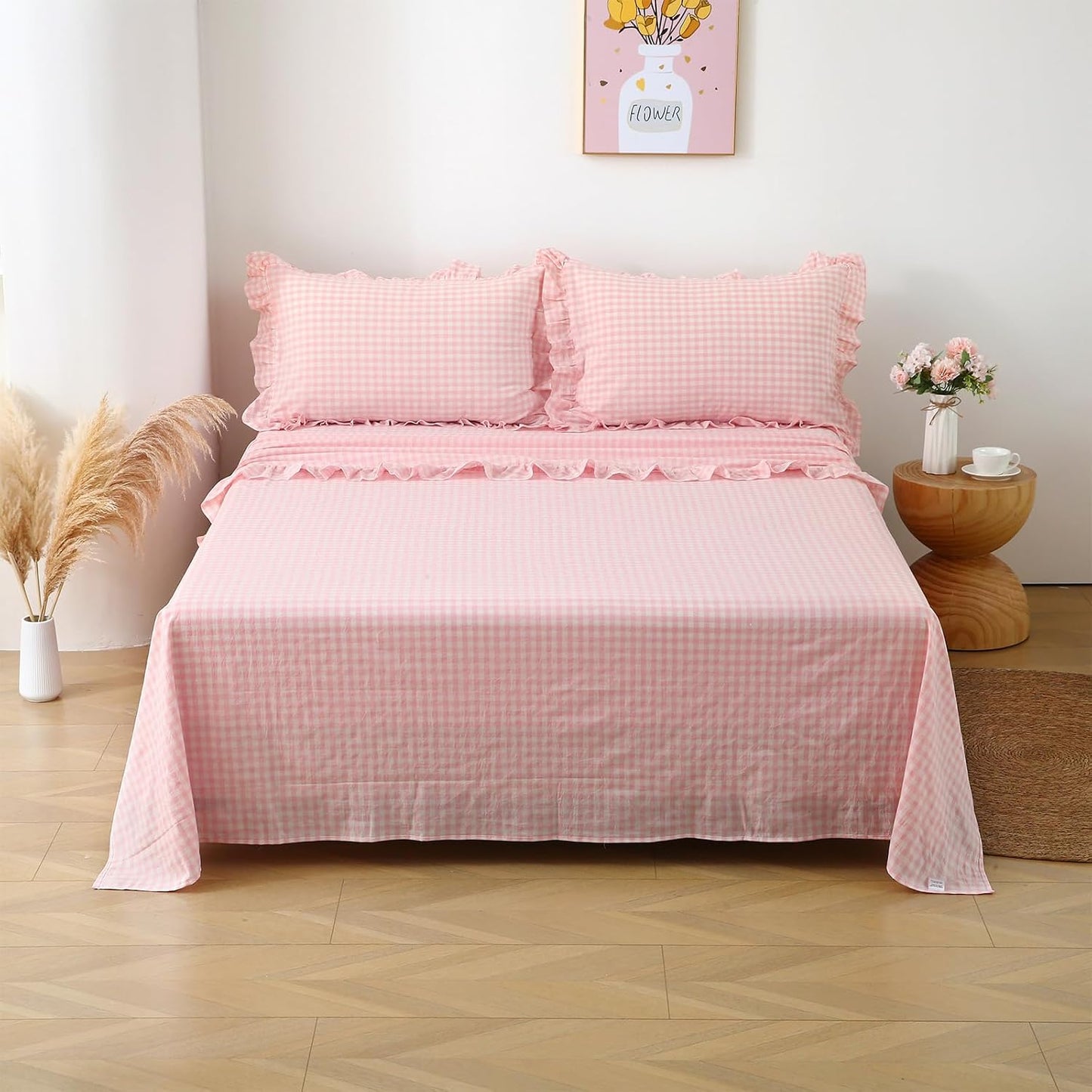 Peach Blush White Plaid Ruffle Gingham Sheets Full Size 4-Piece Set, 300TC 100% Yarn Dyed Cotton Sheets 18 in Deep Pocket Kids Preppy Decorative Bedding (Blush/White Plaid, Full)
