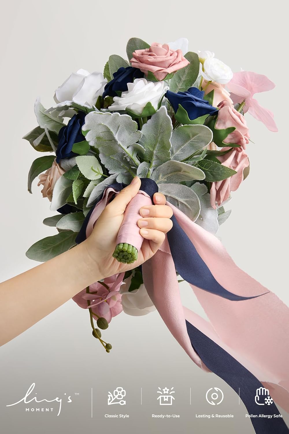 Ling's moment Pink Blue Bridal Bouquet Cascading, Dusty Rose Navy Wedding Bouquets for Bride, 13 Inch Bride Artificial Flowers Bouquets