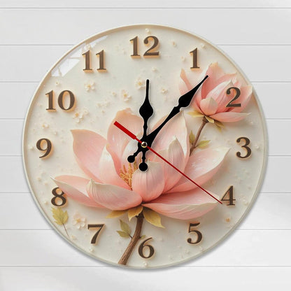 Pink Lotus Clock with Golden Numbers 2D 10 Inch Silent Wall Clock,Frameless Wooden Round Clock with Quartz Movement for Bathroom, Kitchen, Living Room, Bedroom