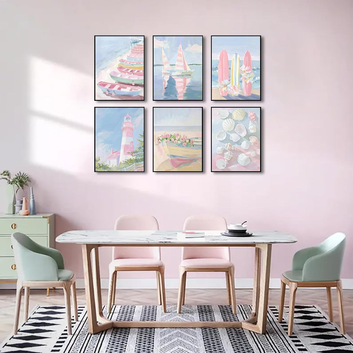 ONEOLTN 6Pcs Trendy Pastel Coastal Wall Art Blue Pink Beach Pictures Aesthetic Wall Decor Ocean Preppy Posters Surf Lighthouse Beachy Print Artwork for Teen Girl Room Dorm Apartment 8x10in Unframed