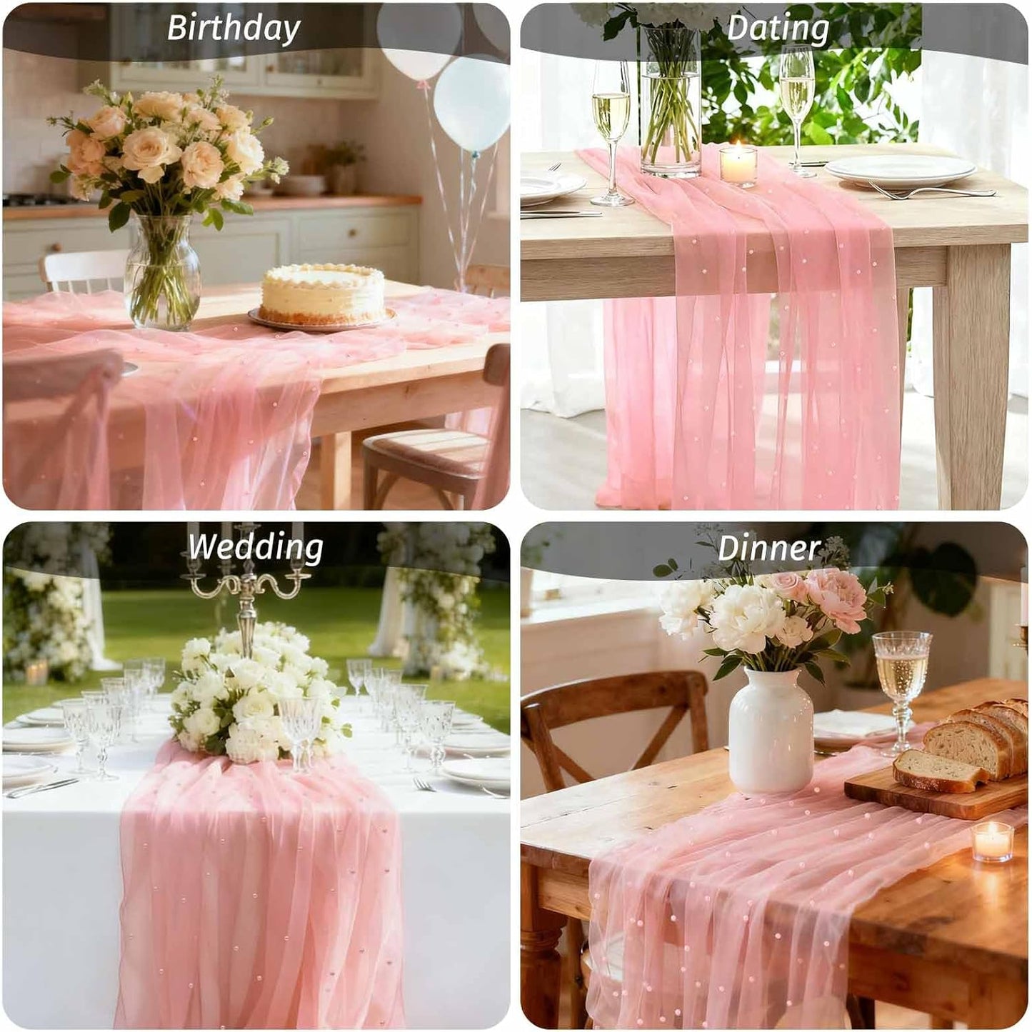WELTRXE Pearl Table Runner Tulle 30x120 Inch 10FT Long, Pink Gauze Table Runners, Rustic Boho for Wedding Arch Birthday Party Bridal Veil Baby Shower Decorations