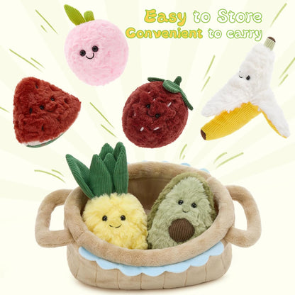 MorisMos 7Pcs Fruit Plush Toys Set, 6 Soft Stuffed Fruit Toys with Basket, Cute Pineapple Banana Strawberry Peach Watermelon Avocado Plushies for Pretend Play, Birthday for Girls Boys