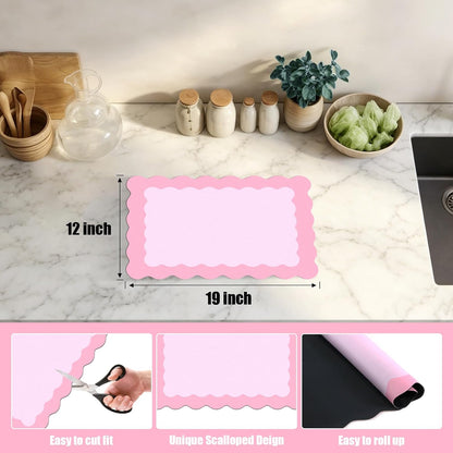 Scalloped Coffee Bar Mat for Countertop, Cute Dish Drying Mats for Kitchen Counter, Diatomite Absorbent Mat for Coffee Station, Kitchen Aesthetic Decor (12"x19", Pink)