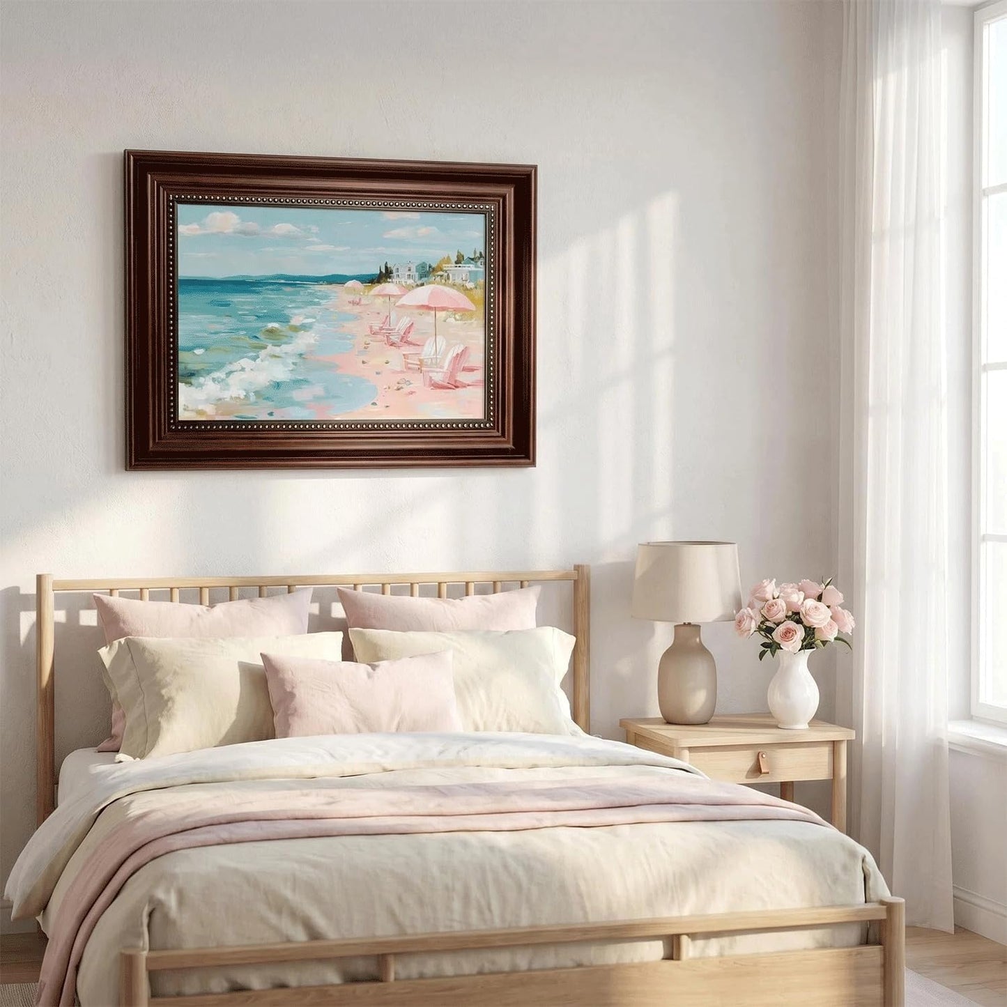 Framed Pastel Coastal Canvas Wall Art Pink Beach Umbrella Painting Picture Wall Decor Tropical Beach Scene Poster Print Artwork for Preppy Living Bedroom Bathroom Home Decoration 9x11 in