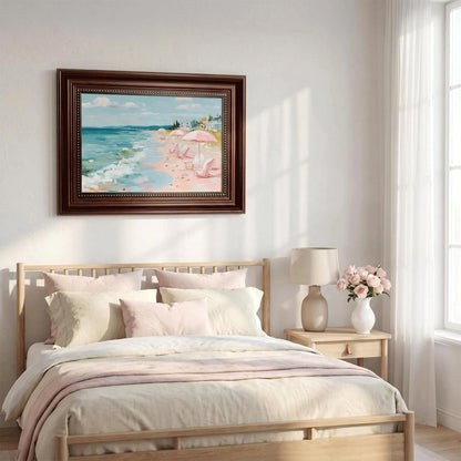Framed Pastel Coastal Canvas Wall Art Pink Beach Umbrella Painting Picture Wall Decor Tropical Beach Scene Poster Print Artwork for Preppy Living Bedroom Bathroom Home Decoration 9x11 in