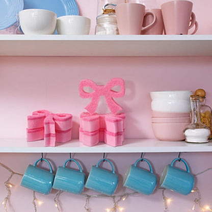 Tioncy 12 Pack Pink Bow Sponges Bulk Preppy Dual Sided Scrubber Pink Bow Sponges Reuseble Non Scratch Dishwashing Kitchen Cleaning Accessories for Cookware Pot Boiler Pan Household