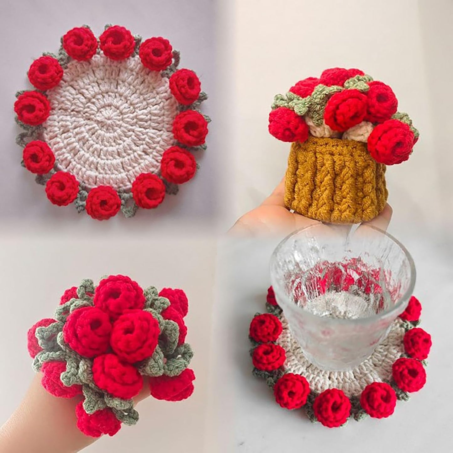 2 PCS Finished Rose Bouquet Coaster Flower Bouquet Blanket Coasters, Tabletop Flowers Mini Handmade Crochet Rose Romantic Knitted Gift for Girls Mom for Birthday (Pink)