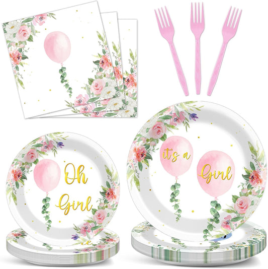 96Pcs Oh Girl Watercolor Pink Balloon Party Supplies Greenery Girl Baby Shower Tableware Set Pink Flower Party Favor Birthday Baby Shower Parties Plates and Napkins Table Decorations for 24 Guests