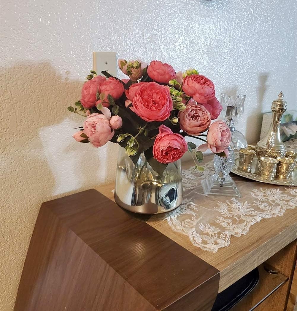 4 Bundles Peonies Artificial Flowers, Fake Silk Peonies Bouquet of Flowers for Home Decor Faux Floral Table Centerpieces for Kitchen Bathroom Wedding Party Decor(Rose Red+Pink)