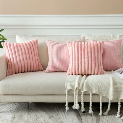 OTOSTAR Set of 4 Corduroy Soft Decorative Throw Pillow Covers 18x18 Inch Faux Fur Plush Pillow Covers Fuzzy Striped Luxury Cushion Case Pillowcase for Couch Sofa Bed Home Living Room Decor (Pink)