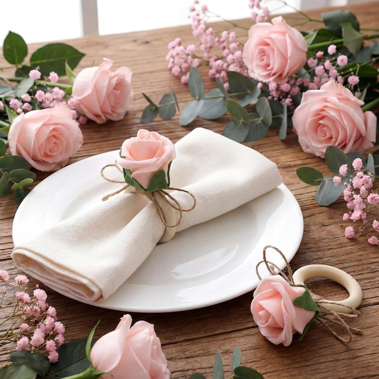 Flower Napkin Rings Set of 12 Wooden Pink Rose Handmade Napkin Holders for Wedding Mother's Day Birthday Dinner luncheons Picnics Banquet