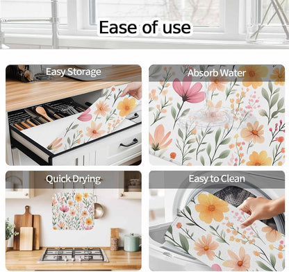 Watercolor Floral Dish Drying Mat 2 Pack, Light Pink Wildflowers Leaves Botanical Absorbent Heat Insulating Kitchen Drying Pad Drainer Mats for Sink Counter Dishes 16 X 18 Inch