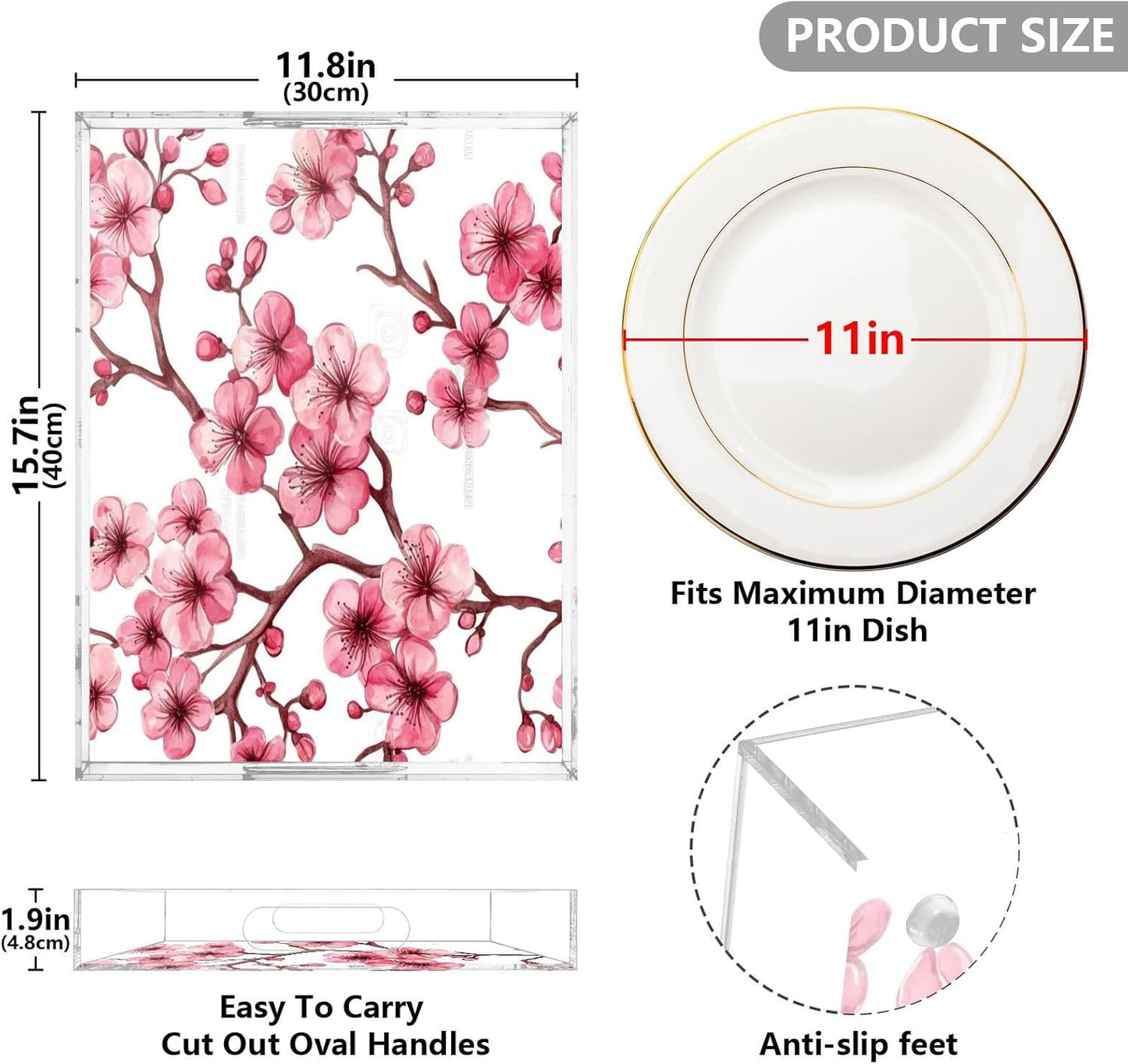 Pink Peach Flowers Acrylic Serving Tray with Handles,Clear Serving Tray Decorative Organiser for Ottoman, Kitchen, Bedroom Decorative 12x16 Inches