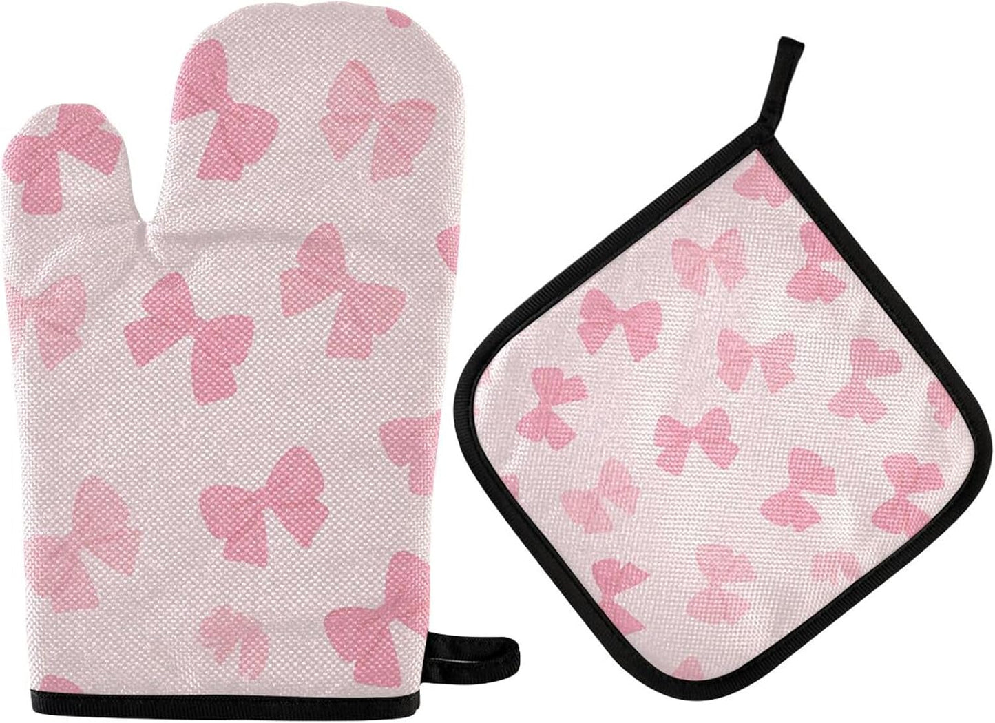 Cute Light Pink Bow Oven Mitts and Pot Holders Set for Cooking Baking Kitchen Decor