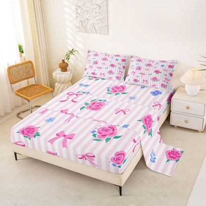 Feelyou Cute Bow Bed Sheets Set Queen Size Romantic Rose Flower Deep Pocket Fitted Sheet Bow Tie Striped Bedding Sets Soft Bed Set 4Pcs with 2 Pillow Cases