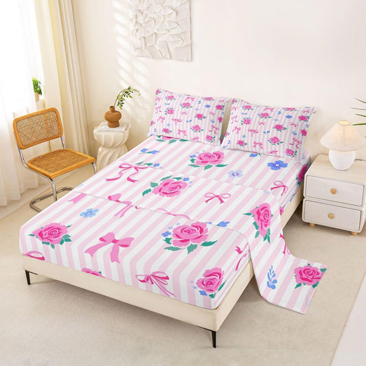 Feelyou Cute Bow Bed Sheets Set Queen Size Romantic Rose Flower Deep Pocket Fitted Sheet Bow Tie Striped Bedding Sets Soft Bed Set 4Pcs with 2 Pillow Cases