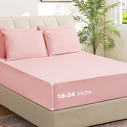 6 Piece Queen Sheet Set – Breathable & Cooling Bedding Set with 18-24 Inch Deep Pockets - 1 Flat & 1 Fitted Sheet & 4 Pillowcases（Queen Baby Pink