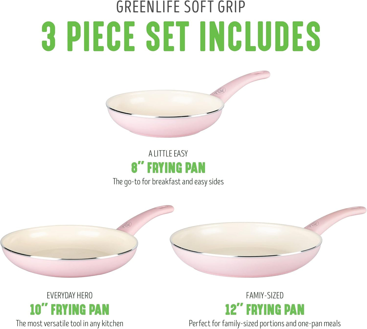GreenLife Soft Grip Healthy Ceramic Nonstick, 8" 10" and 12" Frying Pan Skillet Set, PFAS-Free, Dishwasher Safe, Soft Pink