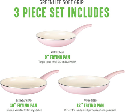GreenLife Soft Grip Healthy Ceramic Nonstick, 8" 10" and 12" Frying Pan Skillet Set, PFAS-Free, Dishwasher Safe, Soft Pink