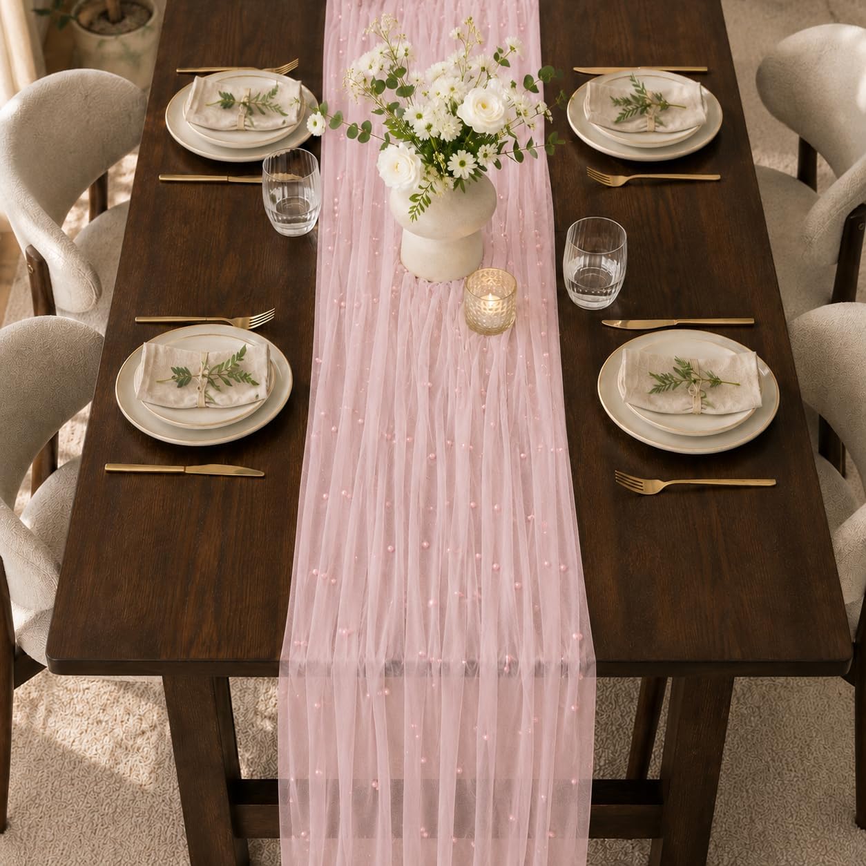 Pink Pearl Table Runner 120 Inches Boho Rustic Tulle Lace Table Runner for Wedding Birthday Baby Shower Home Dining DIY Craft Decor