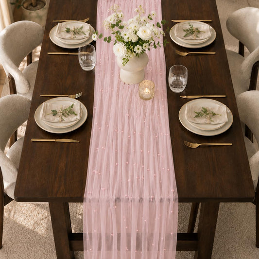Pink Pearl Table Runner 120 Inches Boho Rustic Tulle Lace Table Runner for Wedding Birthday Baby Shower Home Dining DIY Craft Decor