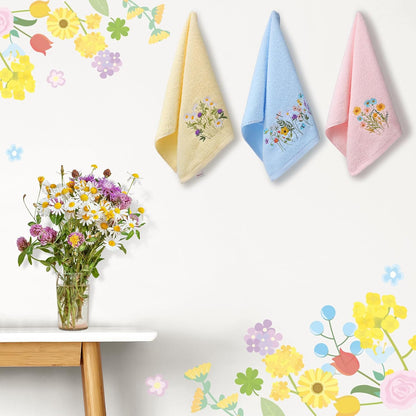 Tingjoo 3 Pcs Pastel Wildflower Hand Towels Pink Blue Yellow Wildflower Floral Bath Towels 14x29 Inch Soft Cute Flower Washable Embroidered Decorative Spring Summer Cotton Decor for Bathroom Kitchen