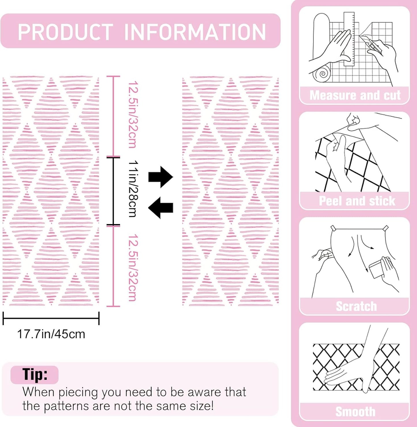 Modern White and Pink Peel and Stick Wallpaper 17.7"x120" Stripe Diamond Wallpaper Vinyl Waterproof Contact Paper Shelf Paper Drawer Liner Roll for Bedroom Living Room