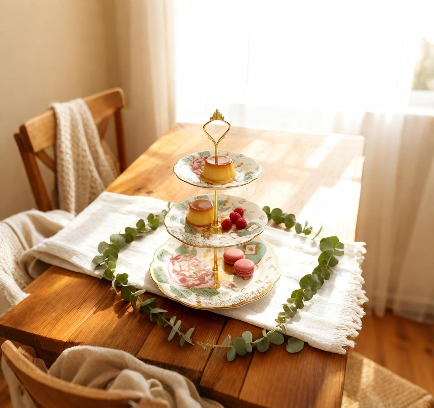 3-Tier 13.5 Inches White and Pink Cupcake Dessert Stands, Cake Snack Scones Crackers Fruit Appetizers Pastry Tiered Platters Serving Tray for Tea Party, Bridal Shower, Wedding Catered Event - Flowers