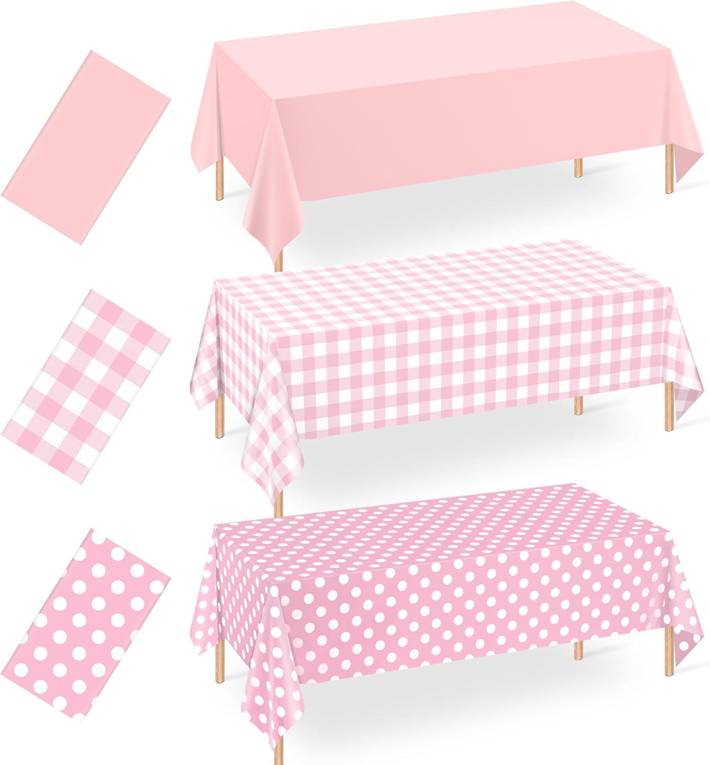 WNINK 3 Pack Pink Party Tablecloths for Rectangle Tables, 54 x 108 Inch Disposable Plastic Table Covers Set, Pink, Pink Gingham & Polka Dot for Birthday, Baby Shower, Bridal Shower Decorations