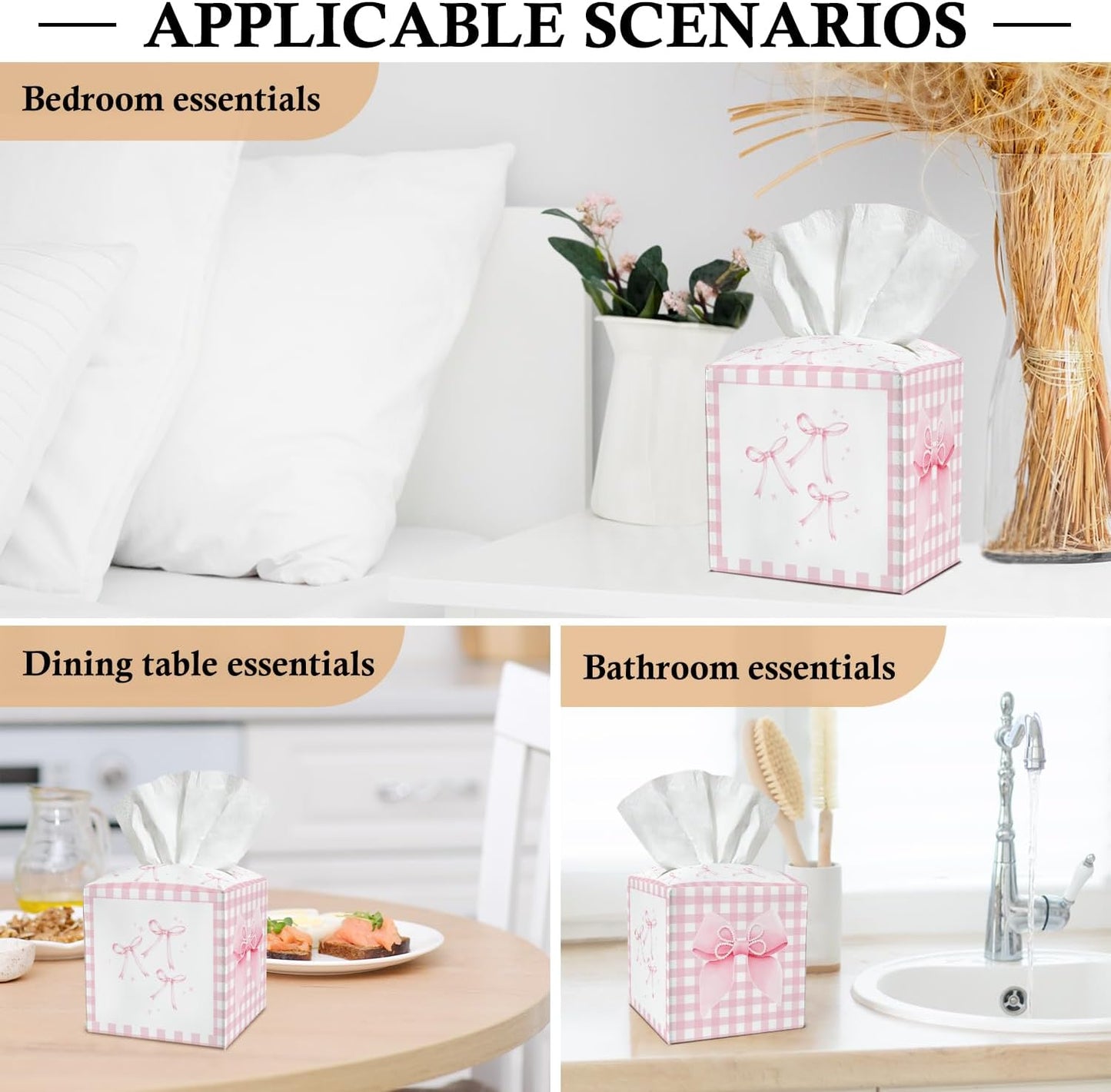 Pink Bow Tissue Box Covers Square, Pink and White Checkered Leather Tissue Box Holders Decorative for Car Nightstand Home Office Bathroom Organizer, Square Facial Paper Organizer Home Decor -018