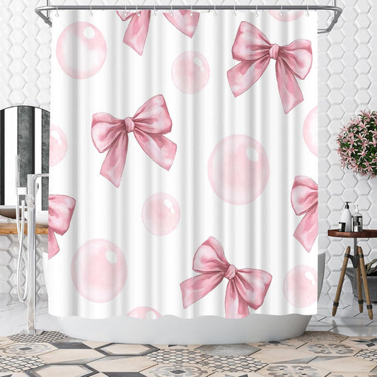 WELMECO Bow Shower Curtain Cute Bow Knot Girls Bathroom Decor Aesthetic Polyester Fabric Shower Curtain, 72x72inch with Hooks (Pink)