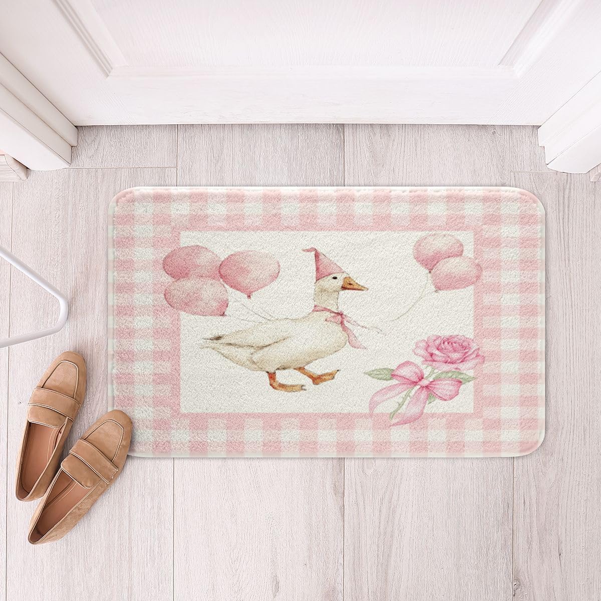 Erosebridal Cute Goose Bathroom Rug Non Slip for Girls - Romantic Bow Rose Balloon Bath Mat for Bathroom Pink White Gingham Door Mat for Bedroom,Coquette Duck Room Decor Entrance Rug 16"x24"