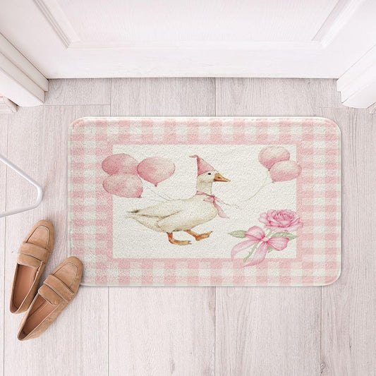 Erosebridal Cute Goose Bathroom Rug Non Slip for Girls - Romantic Bow Rose Balloon Bath Mat for Bathroom Pink White Gingham Door Mat for Bedroom,Coquette Duck Room Decor Entrance Rug 16"x24"