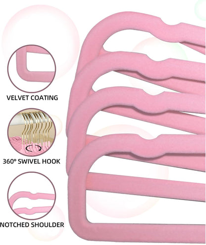 HGYZE Velvet Pants Hangers 20 Pack, 360° Swivel Gold Hook, Non Slip Felt Hanger for Spaghetti Strap Dresses Slack Jean, Blush Pink and Gold Felt Hangers, Cute Flocked Trouser for Adult Teen