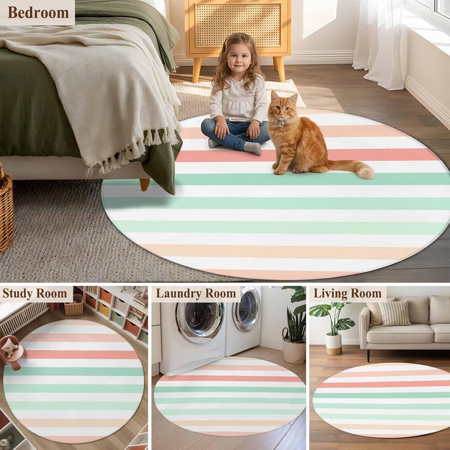 Large Round Rug 7Ft, Peach Pink Green Ombre Living Room Circle Rug Washable Round Area Rug, Farmhouse Stripe Modern Non Slip Indoor Carpet for Entryway Dining Room Bedroom Aesthetic Decor