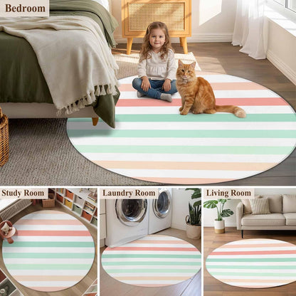 Large Round Rug 7Ft, Peach Pink Green Ombre Living Room Circle Rug Washable Round Area Rug, Farmhouse Stripe Modern Non Slip Indoor Carpet for Entryway Dining Room Bedroom Aesthetic Decor