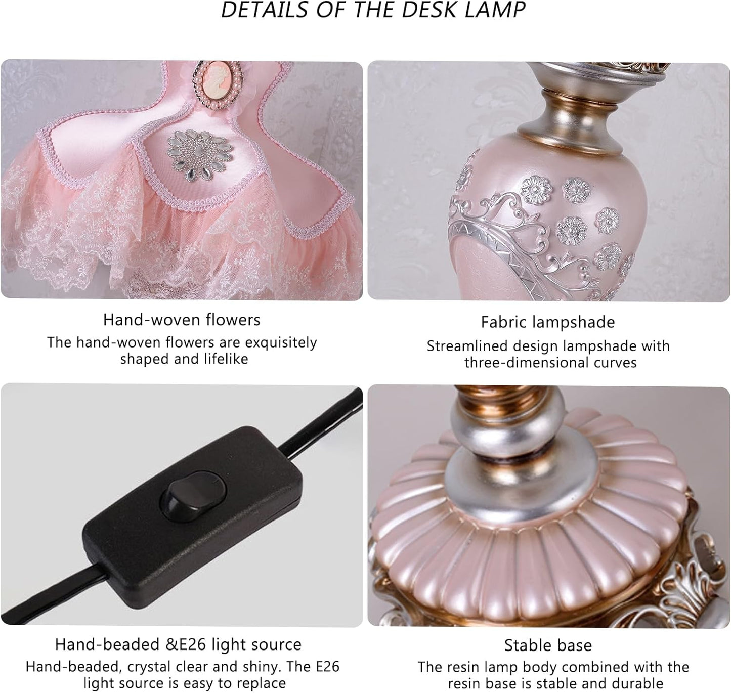 Pink Resin Table Lamp European Princess Desk Light Cerative Lace Fabric Lampshade with Resin Lamp Body Beside Lamp for Bedroom Living Room Study Room Nursery Room