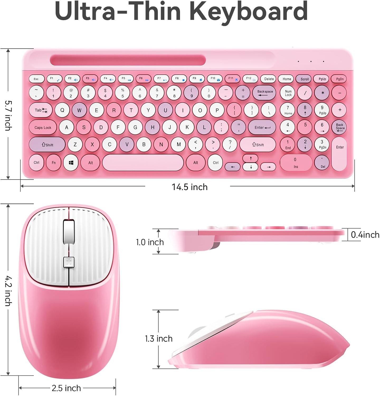 Retro Wireless Keyboard with Round Keycaps, 2.4GHz Full-Size USB Cute Wireless Keyboard Mouse for Computer, Desktop, Laptop and Computer (Pink-Colorful)