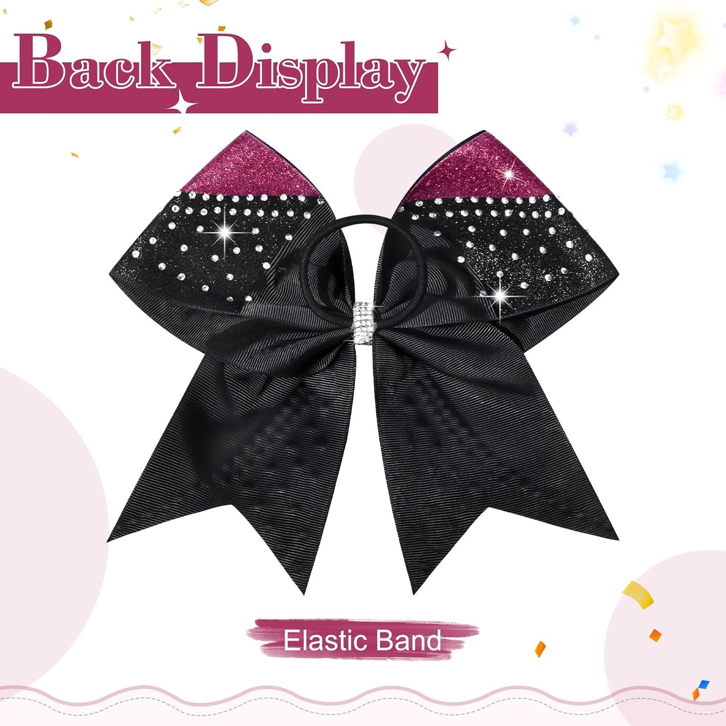 6PCS Glitter Cheer Bow Large Cheer Bows Rhinestones Hair Bows Girls 8"Cheerleading Bows Bulk Elastic Band Ponytail Holder for Teen Girls College Sports Competition Pink Black