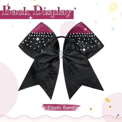 6PCS Glitter Cheer Bow Large Cheer Bows Rhinestones Hair Bows Girls 8"Cheerleading Bows Bulk Elastic Band Ponytail Holder for Teen Girls College Sports Competition Pink Black