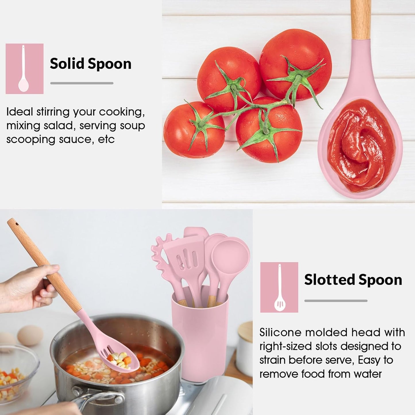 E-far Cooking Utensils Set of 6, Silicone Kitchen Utensils with Wooden Handle, Non-stick Cookware Friendly & Heat Resistant, Includes Spatula/Ladle/Slotted Turner/Serving Spoon/Spaghetti Server(Pink)