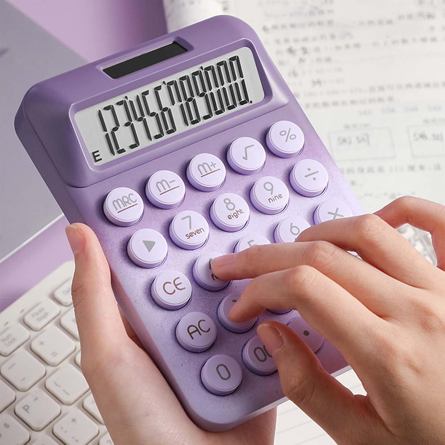 Large Button Calculator, Cute Gradient Desktop Calculator, 12 Digits, Large LCD Display, Dual Power Source, Solar and Battery, Perfect for Teachers Students Basic Office (Pink Blue)